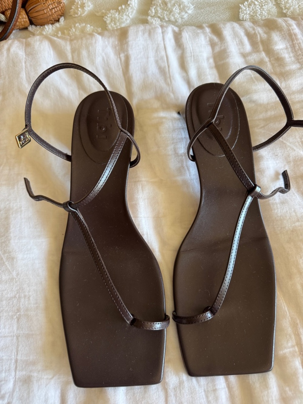 Tibi “Georgia” Dark Brown Minimal Square-Toe Strappy Sandals